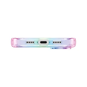 نمای زیر قاب UNIQ Iridescia Holo Quarz برای iPhone 17 با محل USB-C و خروجی‌های اسپیکر