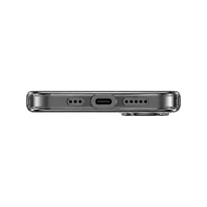 نمای زیر قاب UNIQ Clario Smoke برای iPhone 17 با محل USB-C و اسپیکرها