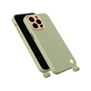 قاب Moshi Altra Slim Hardshell Celadon Green برای iPhone 14 Pro Max، نمایش زاویه‌دار جلو و پشت قاب با بند نگهدارنده