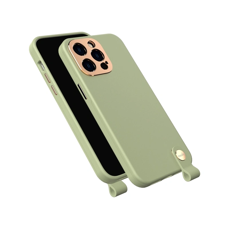 قاب Moshi Altra Slim Hardshell Celadon Green برای iPhone 14 Pro، نمایش زاویه‌دار جلو و پشت قاب با بند نگهدارنده
