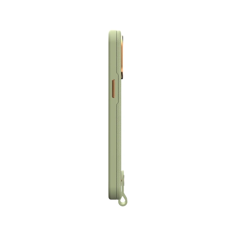 قاب Moshi Altra Slim Hardshell Celadon Green برای iPhone 14 Pro، نمای کناری با دکمه جانبی و بند نگهدارنده