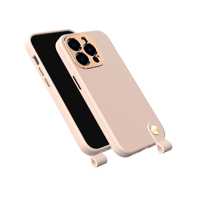 قاب Moshi Altra Slim Hardshell Champagne Pink برای iPhone 14 Pro، نمایش زاویه‌دار جلو و پشت قاب