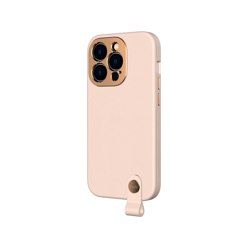 قاب Moshi Altra Slim Hardshell Champagne Pink برای iPhone 14 Pro، نمای سه‌رخ پشت با بند نگهدارنده