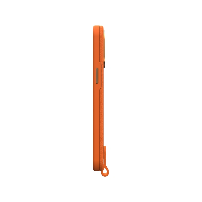 قاب Moshi Altra Slim Hardshell Electric Orange برای iPhone 14 Pro، نمای کناری با دکمه جانبی و بند نگهدارنده