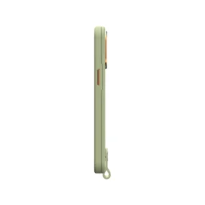 قاب Moshi Altra Slim Hardshell Celadon Green برای iPhone 14 Pro، نمای کناری با دکمه جانبی و بند نگهدارنده