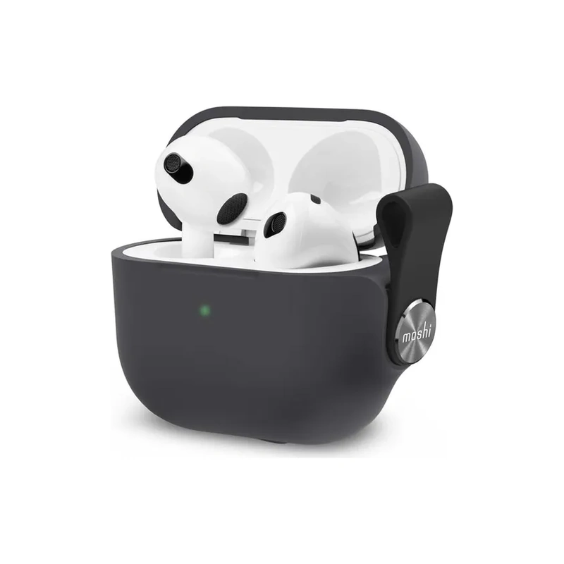 قاب مشکی Moshi Pebbo برای AirPods 3، نمای سه‌رخ با در باز و ایرپادها داخل کیس