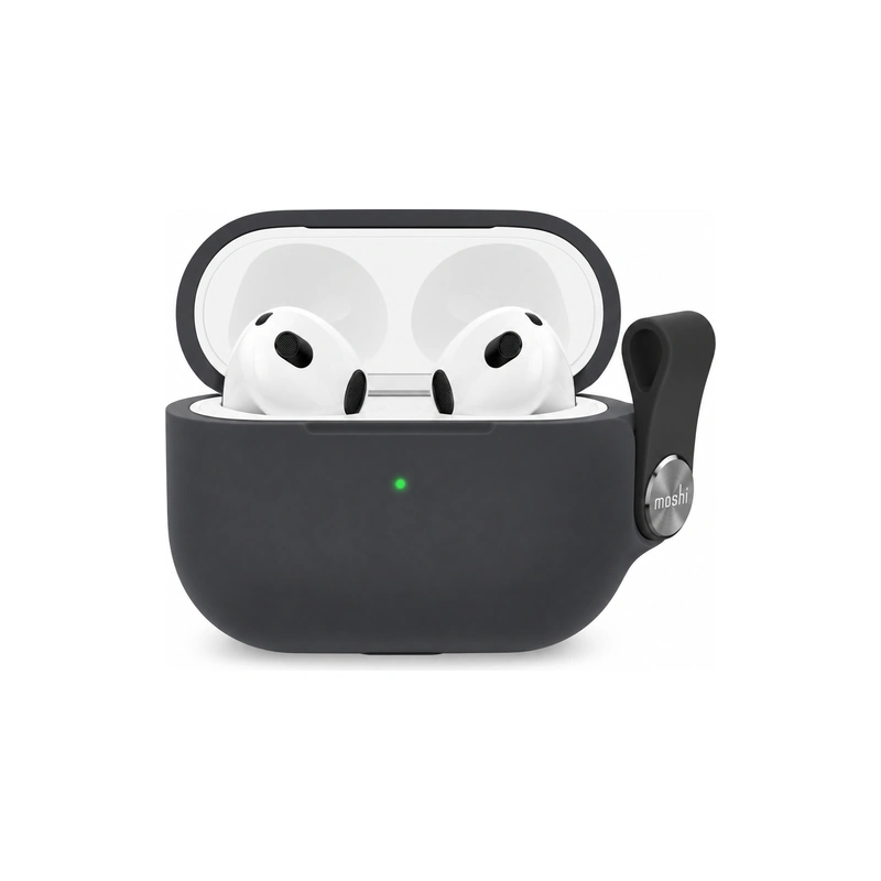 قاب مشکی Moshi Pebbo برای AirPods 3، نمای جلو با در باز و ایرپادها داخل کیس