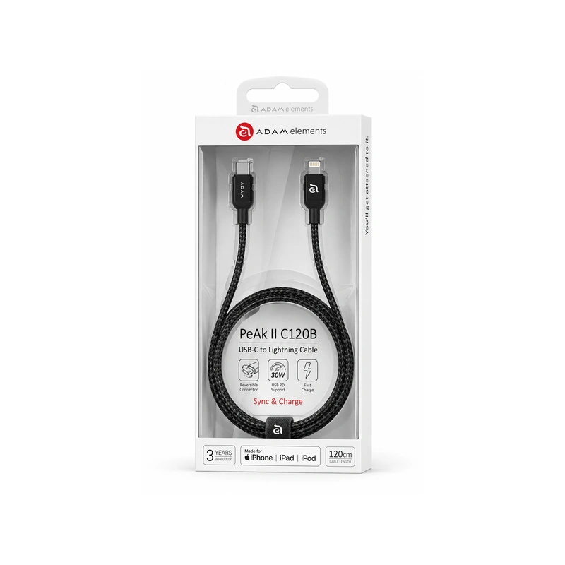 بسته‌بندی کابل ADAM elements PeAk II USB-C to Lightning 1.2m مشکی، نمای جلو