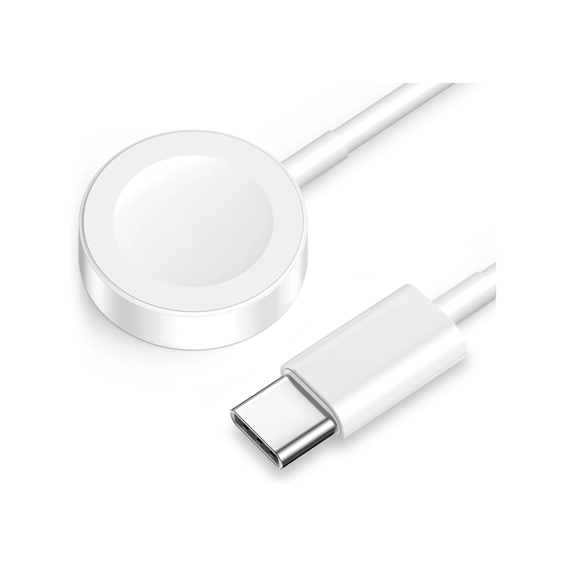 نمای نزدیک پد شارژ مغناطیسی اپل واچ و کانکتور USB-C کابل یک متری سفید