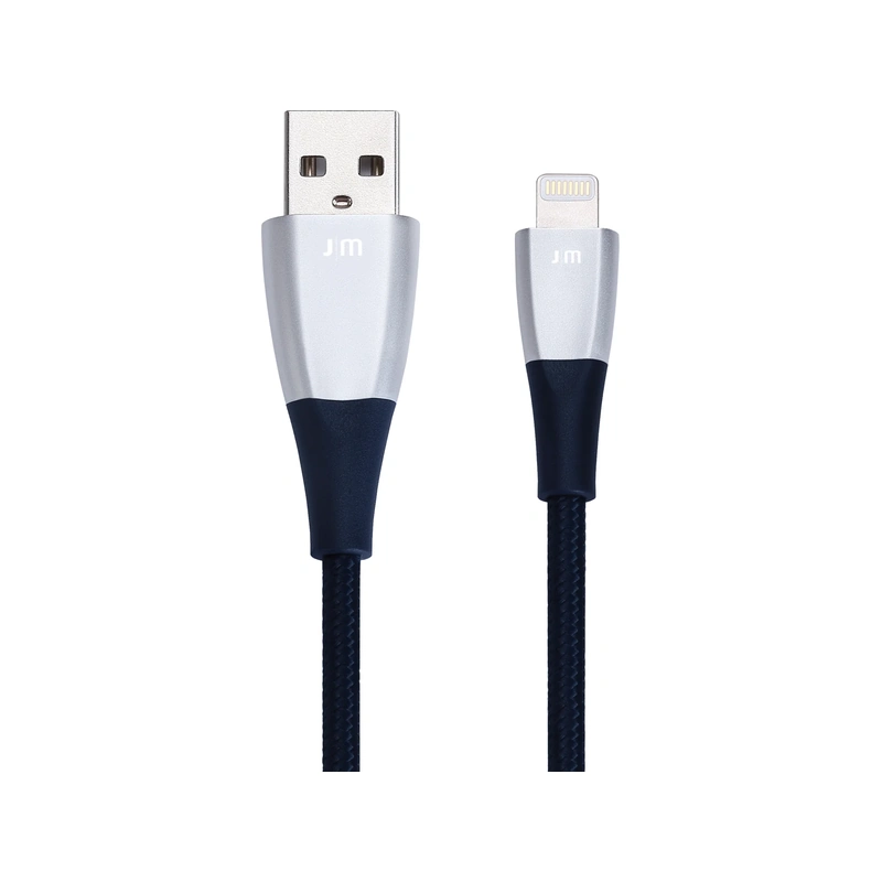 نمای نزدیک کانکتورهای USB-A و Lightning کابل Just Mobile ZinCable Deluxe نقره‌ای