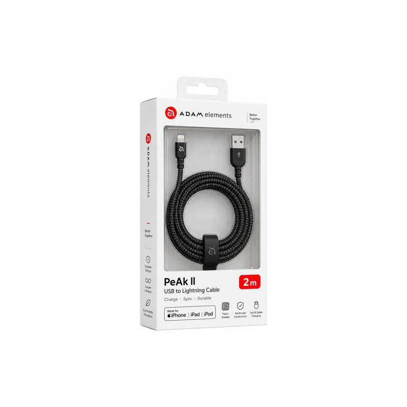 بسته‌بندی کابل ADAM elements PeAk II USB به Lightning طول 2 متر مشکی