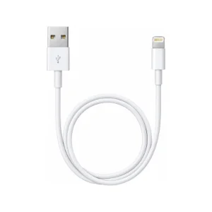 نمای کامل کابل اپل USB به Lightning یک متری سفید با کانکتورهای USB-A و Lightning