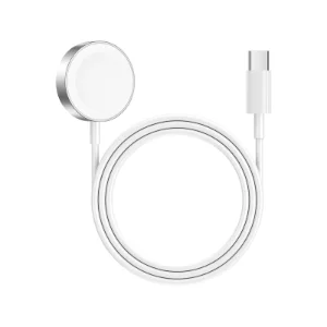 کابل شارژ سریع مغناطیسی اپل واچ به USB-C یک متری سفید، نمای کامل کابل و کانکتورها