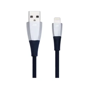 نمای نزدیک کانکتورهای USB-A و Lightning کابل Just Mobile ZinCable Deluxe نقره‌ای