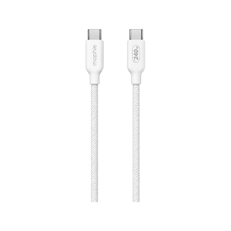 نمای نزدیک دو کانکتور USB-C کابل Mophie یک متری سفید با روکش بافته‌شده