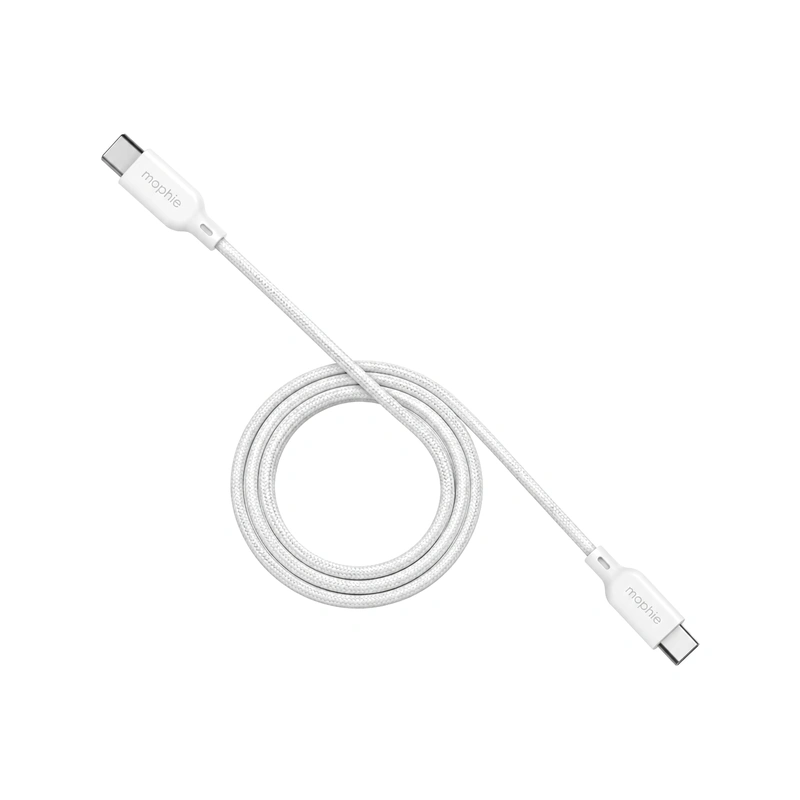 نمای مورب کابل Mophie USB-C یک متری سفید با دو کانکتور USB-C