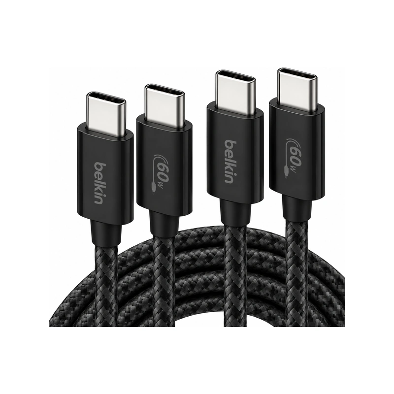 نمای نزدیک کانکتورهای USB-C کابل دو عددی Belkin BoostCharge مشکی