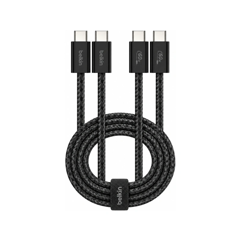 نمای روبه‌رو دو کابل Belkin BoostCharge USB-C به USB-C مشکی با روکش بافته‌شده