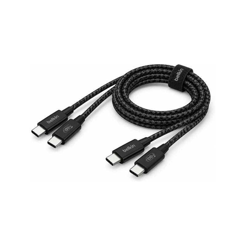 نمای کامل دو کابل Belkin BoostCharge USB-C به USB-C مشکی با روکش بافته‌شده