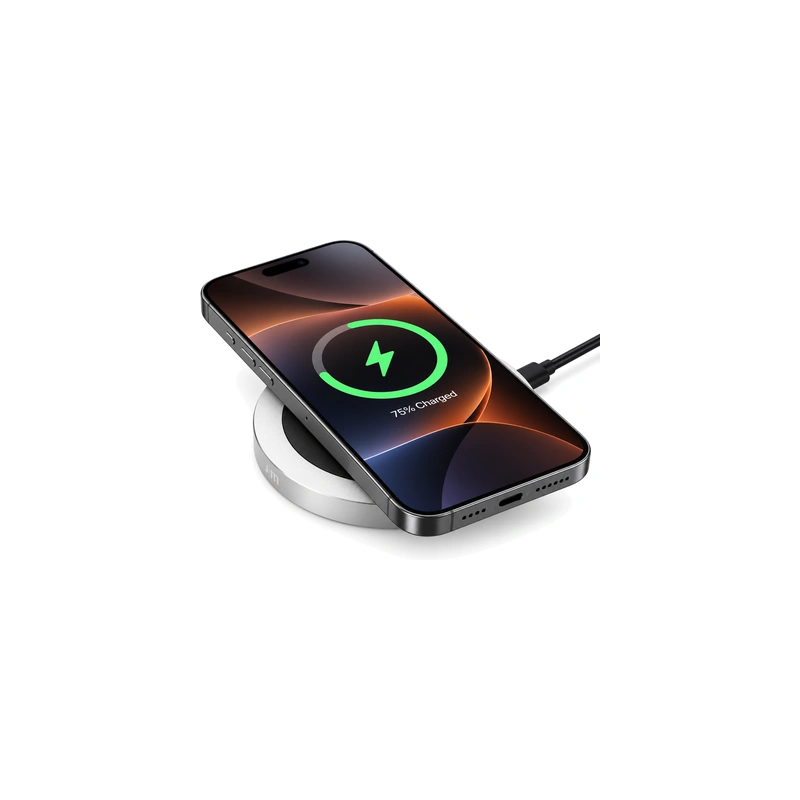 شارژر بی‌سیم Just Mobile AluBase Silver در حال شارژ آیفون