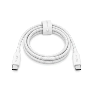 نمای کابل Mophie USB-C یک متری سفید به‌صورت حلقه‌شده با دو کانکتور USB-C