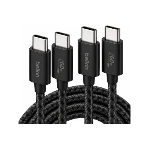 نمای نزدیک کانکتورهای USB-C کابل دو عددی Belkin BoostCharge مشکی