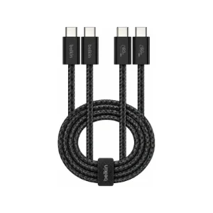 نمای روبه‌رو دو کابل Belkin BoostCharge USB-C به USB-C مشکی با روکش بافته‌شده