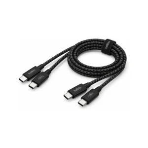 نمای کامل دو کابل Belkin BoostCharge USB-C به USB-C مشکی با روکش بافته‌شده