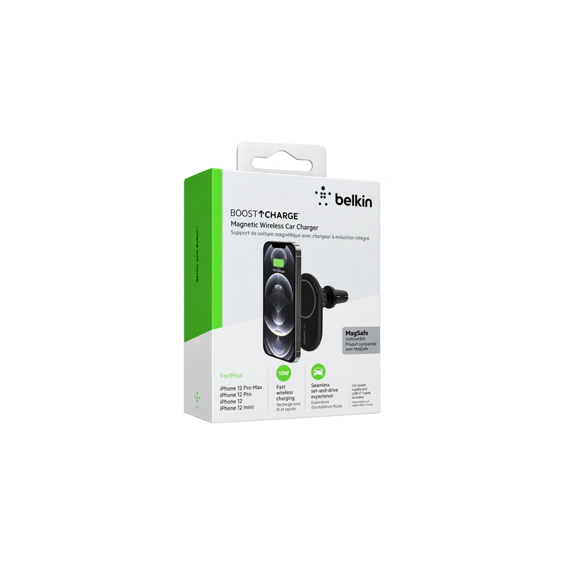 بسته‌بندی شارژر بی‌سیم خودرو Belkin BoostCharge 10W Magnetic مشکی