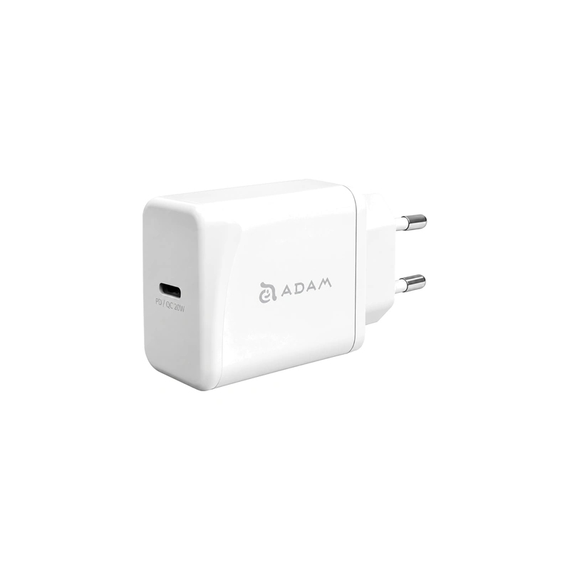 نمای زاویه‌دار شارژر دیواری سفید ADAM elements Omnia F1 20W و پورت USB-C
