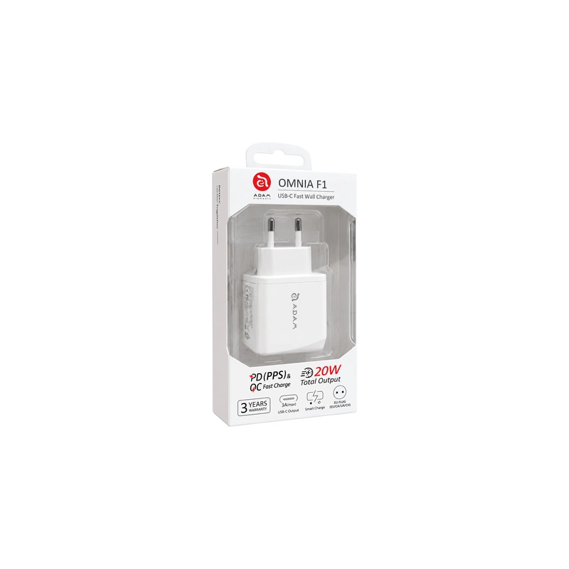بسته‌بندی شارژر دیواری سفید ADAM elements Omnia F1 20W