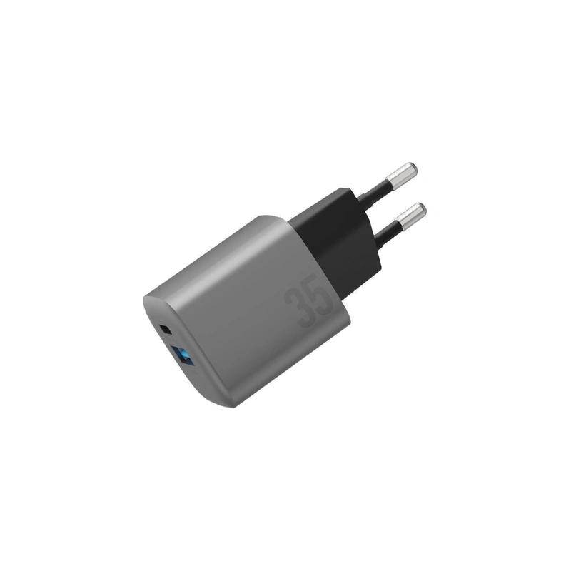 نمای سه‌رخ از جلوی شارژر دیواری Energea AmpCharge 35W با پورت‌های USB-C و USB-A