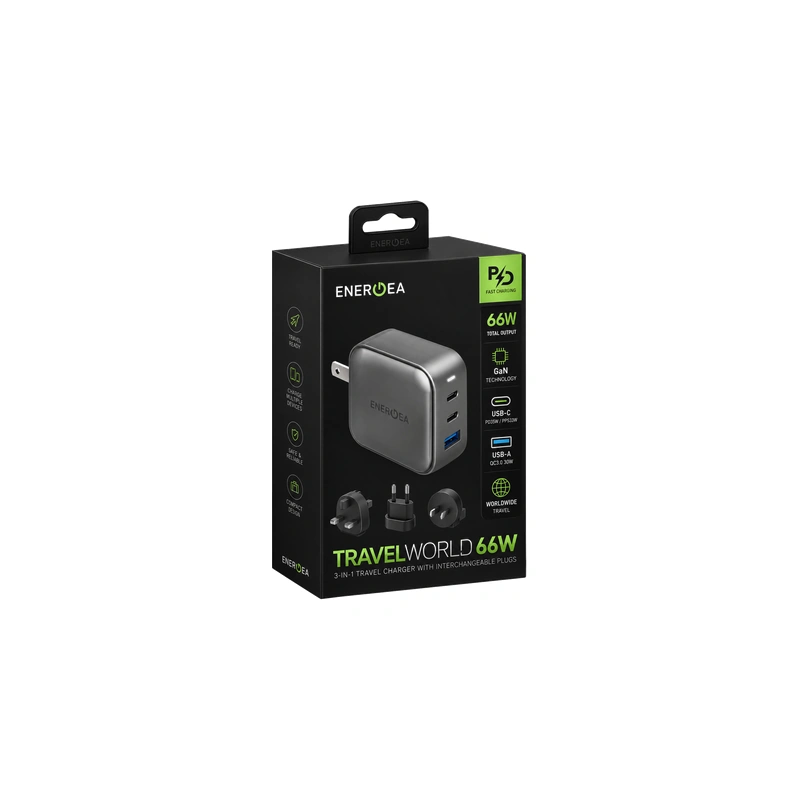 بسته‌بندی شارژر دیواری Energea TravelWorld 66W رنگ Gunmetal