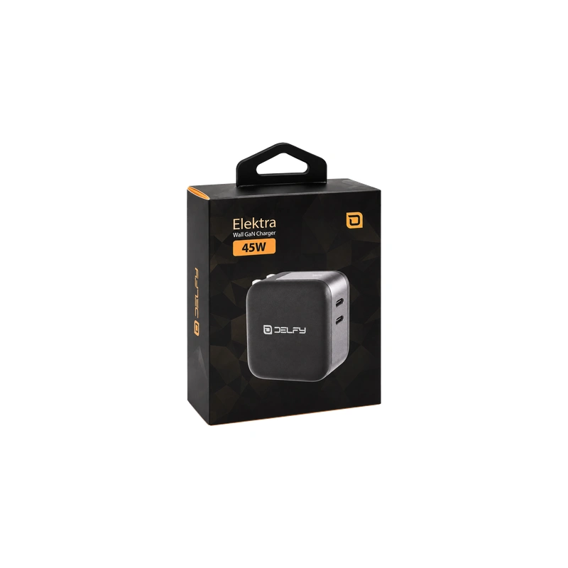 بسته‌بندی شارژر دیواری Delfy Elektra 45W مشکی