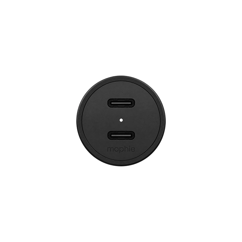 نمای زاویه‌دار درگاه‌های USB-C شارژر فندکی Mophie 60W مشکی
