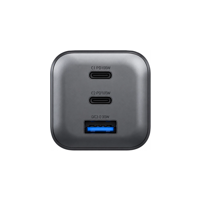 نمای روبه‌روی شارژر دیواری Energea AmpCharge Mini 45W مشکی با دو درگاه USB-C و یک درگاه USB-A