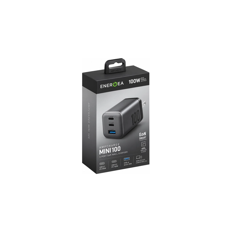 بسته‌بندی شارژر دیواری Energea AmpCharge Mini 45W مشکی در نمای سه‌ربع