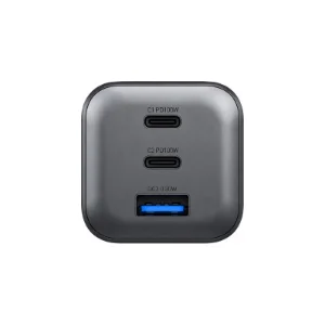 نمای روبه‌روی شارژر دیواری Energea AmpCharge Mini 45W مشکی با دو درگاه USB-C و یک درگاه USB-A