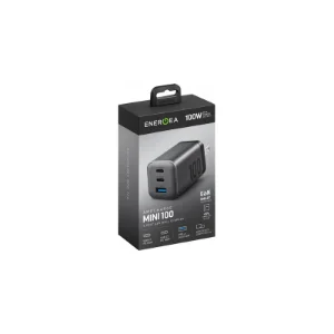 بسته‌بندی شارژر دیواری Energea AmpCharge Mini 45W مشکی در نمای سه‌ربع