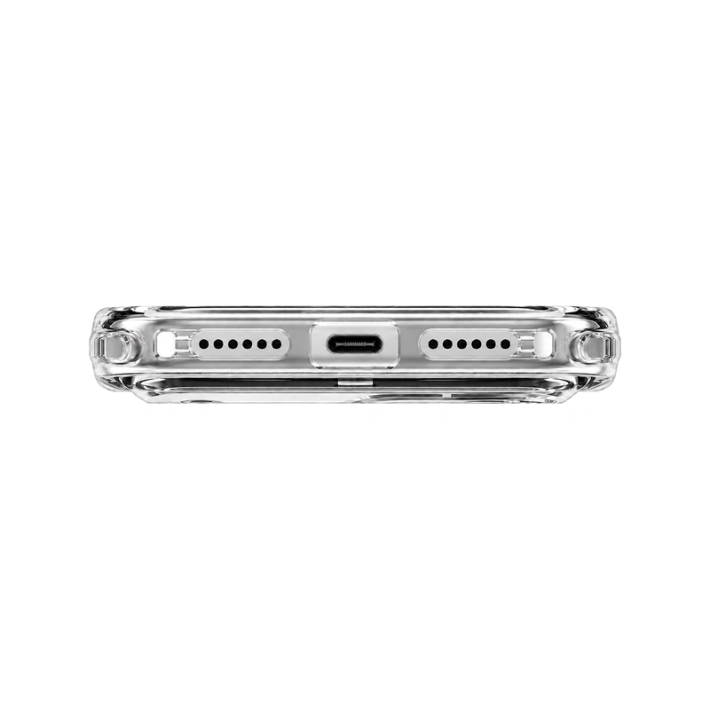 نمای زیر قاب شفاف UNIQ LifePro Xtreme Crystal Clear مخصوص آیفون 18 پرو مکس با محل پورت USB-C و حفره‌های اسپیکر