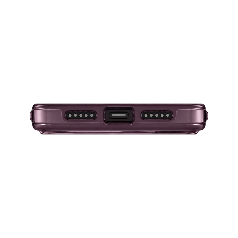 نمای زیر قاب UNIQ Clario Fig Purple مخصوص آیفون 18 پرو مکس با محل پورت شارژ و حفره‌های دو طرف