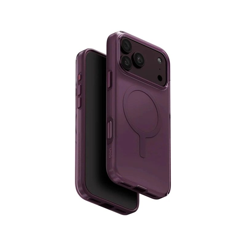 نمای سه‌ربع قاب UNIQ Clario Fig Purple مخصوص آیفون 18 پرو مکس همراه با نمایش پشت و جلوی گوشی