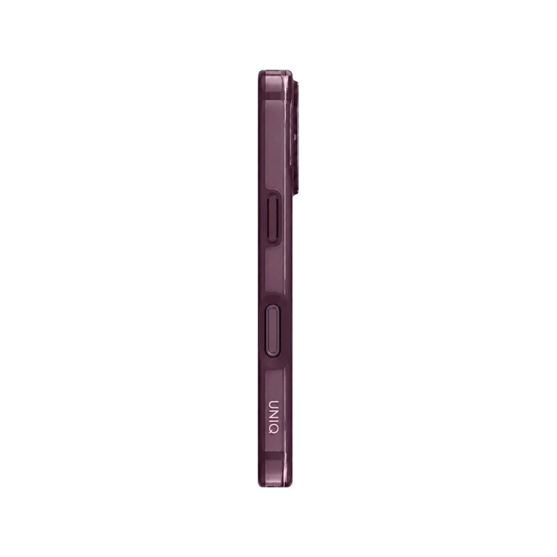 نمای کناری قاب UNIQ Clario Fig Purple مخصوص آیفون 18 پرو مکس با دکمه‌های جانبی و لوگوی UNIQ