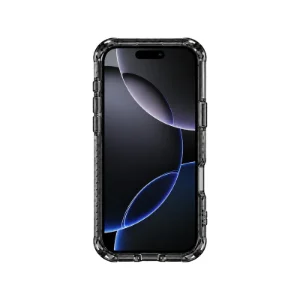 نمای جلوی قاب UNIQ Combat Carbon Black روی آیفون 18 پرو مکس با لبه‌های محافظ صفحه‌نمایش