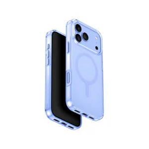 نمای سه‌ربع قاب UNIQ Clario Cool Blue مخصوص آیفون 18 پرو مکس با نمایش قاب از پشت و گوشی از جلو