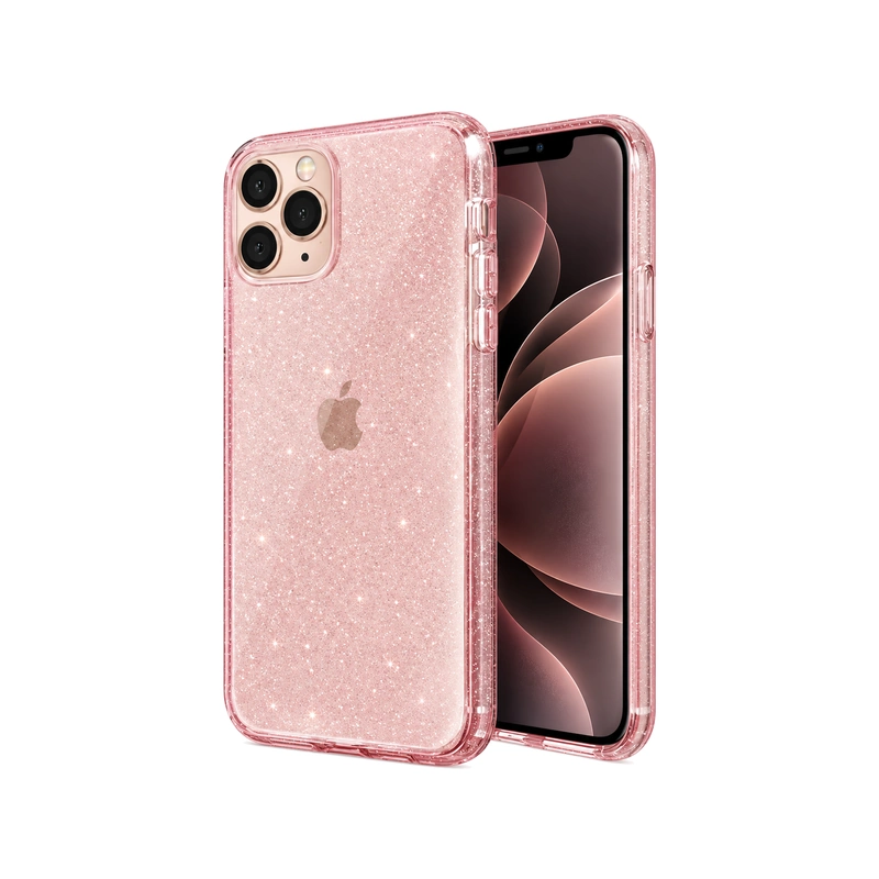 نمای سه‌ربع قاب اکلیلی صورتی روشن UNIQ LifePro Tinsel Glitter مخصوص آیفون 11 پرو، نمایش پشت و جلوی گوشی