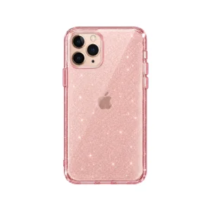 نمای پشت قاب اکلیلی صورتی روشن UNIQ LifePro Tinsel Glitter مخصوص آیفون 11 پرو همراه گوشی، با بافت براق و محافظ دوربین