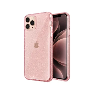 نمای سه‌ربع قاب اکلیلی صورتی روشن UNIQ LifePro Tinsel Glitter مخصوص آیفون 11 پرو، نمایش پشت و جلوی گوشی