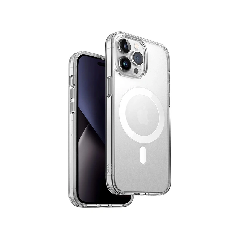 نمای سه‌ربع پشت و جلوی قاب UNIQ LifePro Xtreme MagSafe Frost Clear مخصوص آیفون 14 پرو با حلقه مغناطیسی سفید