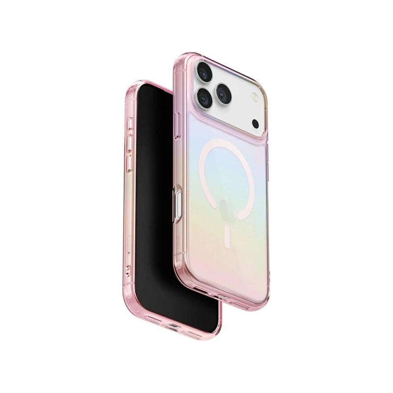 نمای سه‌ربع قاب یونیک مدل Iridescia Pink Prism مخصوص آیفون ۱۷ پرو مکس با طراحی رنگین‌تاب صورتی و حلقه مگ‌سیف